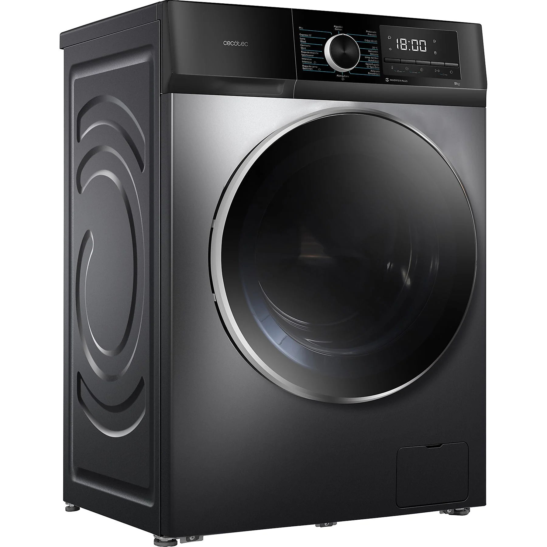 Cecotec Bolero DressCode 9500 Inverter steel front-load washer with 9 kg capacity, 1400 rpm, and steam function.